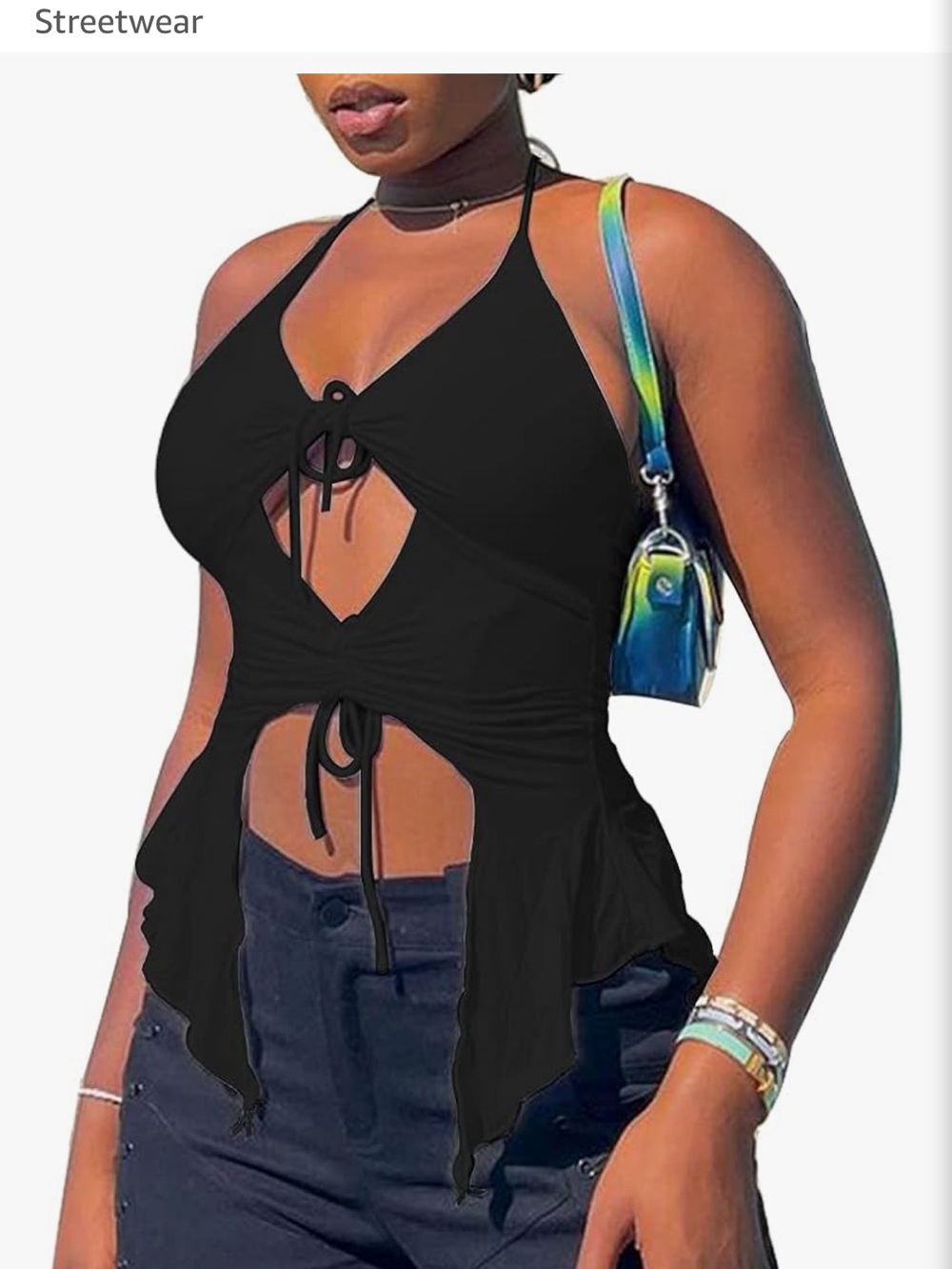NWT Black Tie-Front Halter Crop Top